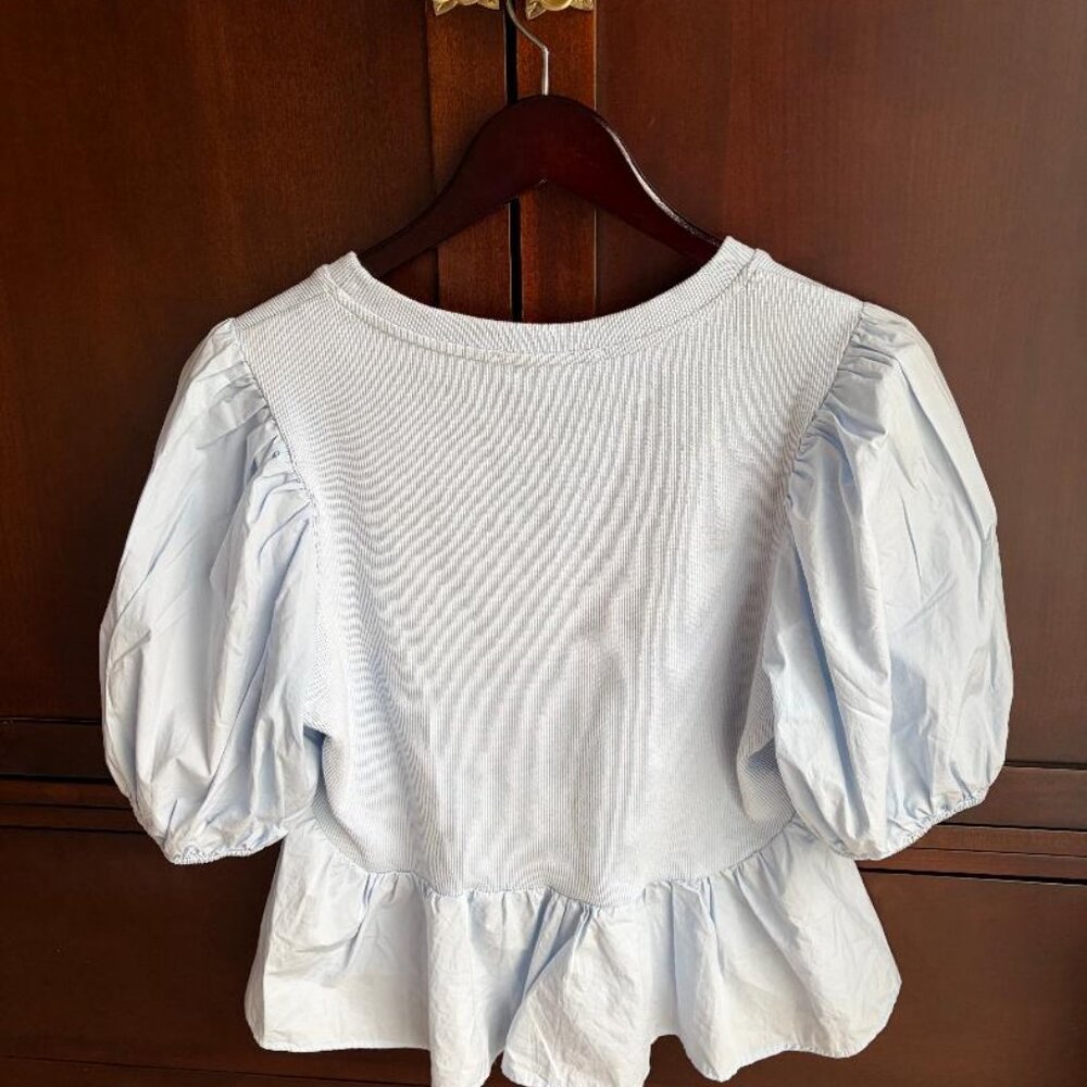 English Factory Blue Puff Sleeve Top‎ Preppy Classic - Picture 2 of 3